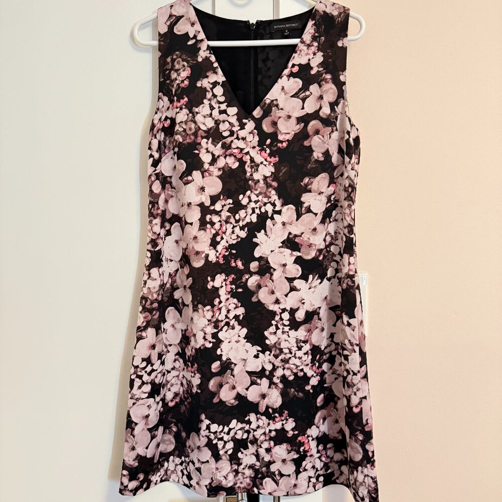 Banana Republic V-Neck Sleeveless Dress Floral Black Pink Pockets Size 8